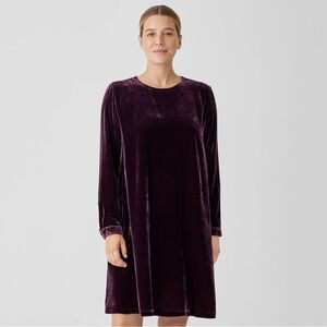 Eileen Fisher Velvet Crew Neck Long Sleeve Dress - Deep Purple - Size L EUC